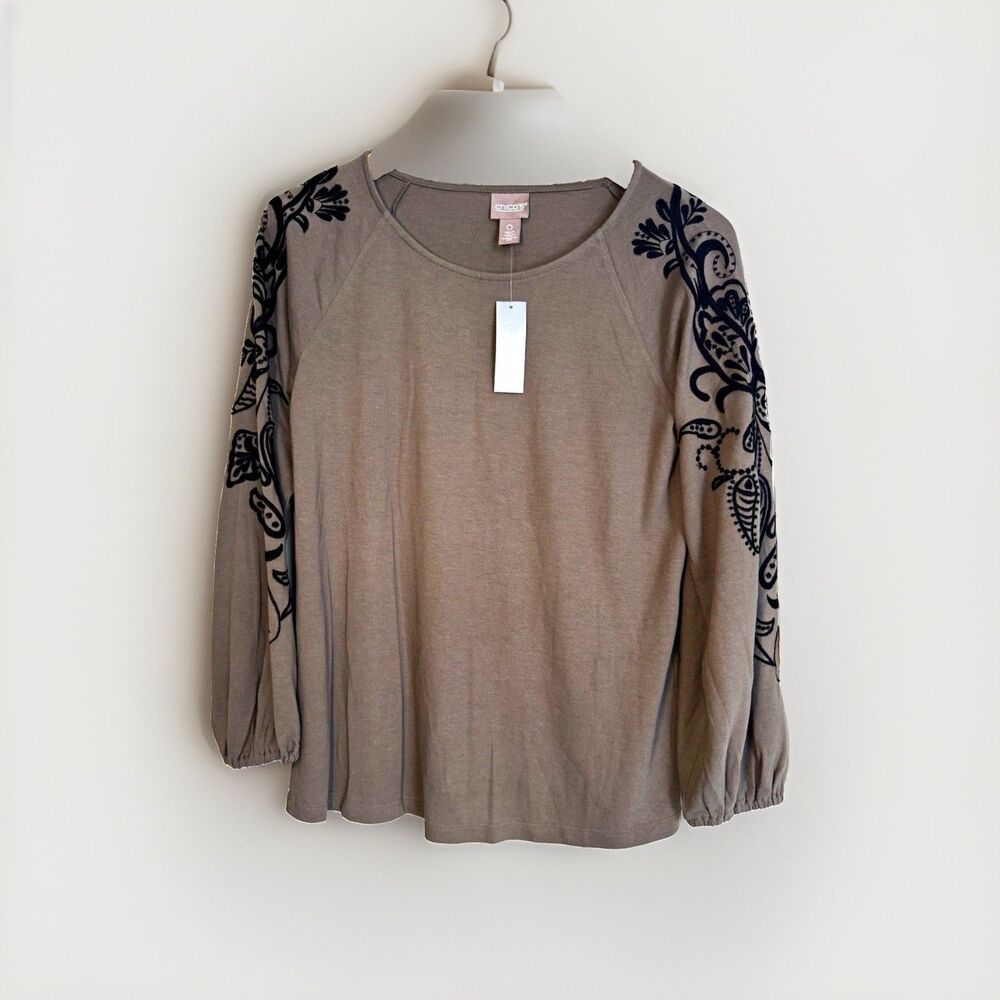 Chico's Women's OliveGray Flocked Paisley Round Neck Knit Top Long Sleeve Size 0